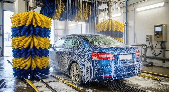Blue sedan inside automated car wash tunnel. Rotating yellow and blue brushes cleaning vehicle with soap foam. Modern industrial facility for exterior auto maintenance and care.