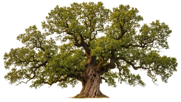 Massive ancient oak tree with thick gnarled trunk and lush green canopy
