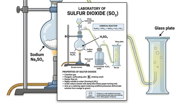 Laboratory setup for preparation of sulfur dioxide (SO₂) gas using sodium sulfite and dilute acid, showing gas generation flask, delivery tubing, washing bottle, gas jar collection over air, and key p
