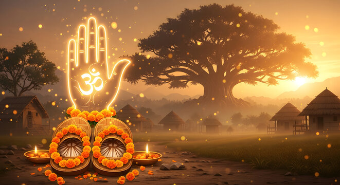 Guru purnima spiritual celebration with glowing hand and paduka
