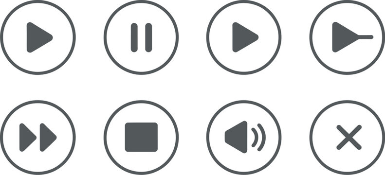 Play button icon set, media player control symbols on white background for video streaming audio playback mobile apps and web interfaces.