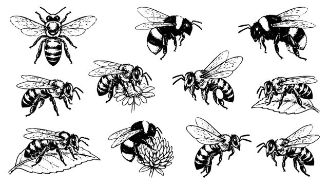 Bee illustration set, black and white hand drawn honeybee collection for logo branding and nature design projects
