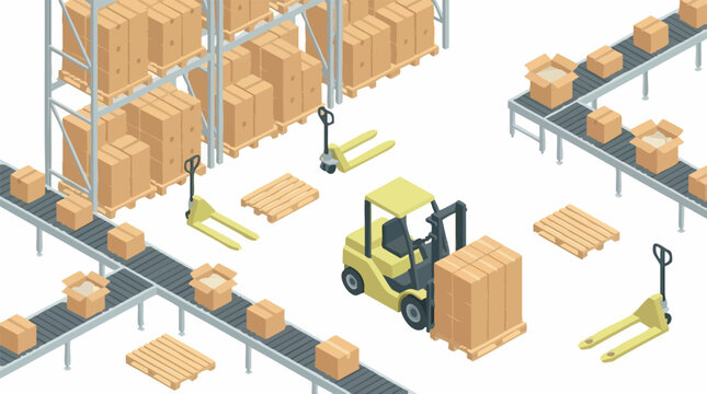 Isometric warehouse logistics with conveyor belts, forklift, and pallet jacks