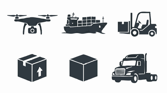 Logistics and Shipping Icons: Drone, Ship, Forklift, Truck, and Packages