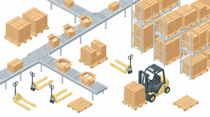 Isometric warehouse logistics with conveyor belts, boxes, forklift, and pallet jacks © Colorwave Studio