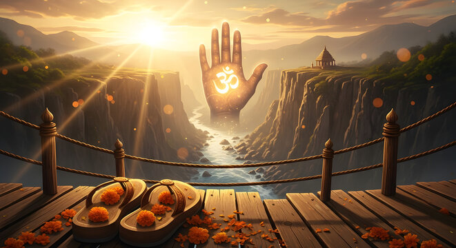 Guru purnima celebration with holy sandals and divine om symbol