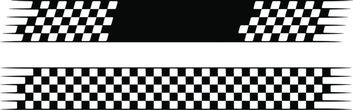 Racing stripes, graphics, dynamic checkered flag patterns and automotive decals for race cars motorsport teams vehicle styling and speed themed designs.