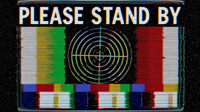 Retro television test card with please stand by text and vhs glitch