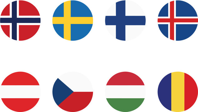 Scandinavian and central european national flags in a circular arrangement on a white background