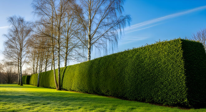 Green hedge wall with birch trees in a park setting