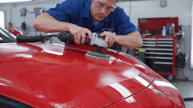Expertly Polishing a Car's Surface: A Detailed Look at the Technique and Equipment Used to Achieve a Flawless Finish on a Red Vehicle in a Professional Workshop