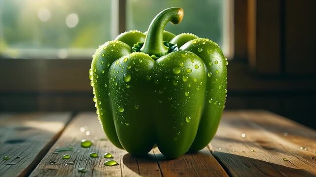Fresh whole green bell pepper with water droplets on a rustic wooden table by a window vegetable capsicum wet wood kitchen vegetable capsicum wet wood kitchen