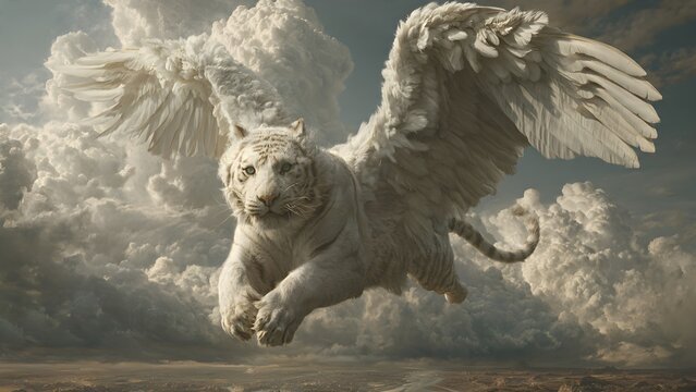 Majestic white winged tiger soars through dramatic stormy clouds above calm waters embodying mythical power and fantasy suitable for imaginative storytelling and conceptual designs