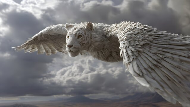 Majestic white winged creature soaring through dramatic cloudy skies over a distant landscape creating an awe inspiring fantasy scene with powerful wings outstretched in flight