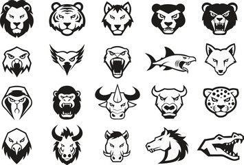Obraz premium Set of wild animal head logos and vector icons isolated on transparent background, Vector