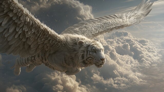 Majestic winged tiger soaring gracefully through atmospheric clouds embodying mythical power and ethereal beauty in a dramatic sky scene a fantastical creature in a serene aerial journey