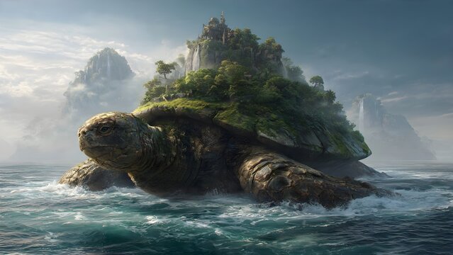 Enormous ancient tortoise carrying a lush green island with structures on its shell majestically swimming through foamy ocean waves under a cloudy sky with distant mountains representing fantasy