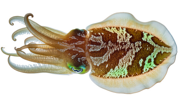 Cuttlefish with intricate brown and green patterned mantle and tentacles