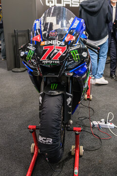 Verona,Italy: 2026 01 24 MBE Motor Bike Expo Yamaha racing motorcycle with Monster Energy and Eneos livery number 77