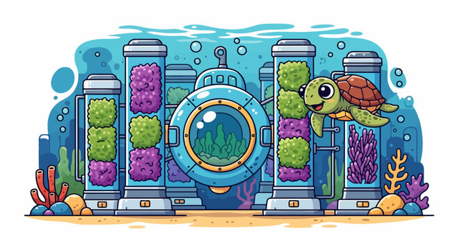 Cute cartoon sea turtle swims near underwater research station.