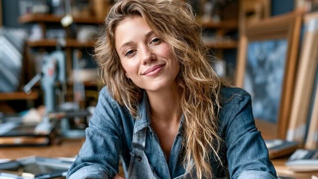 Artist's Creative Haven: A beautiful artisan with wavy blonde hair and a denim shirt smiles confidently, surrounded by her artistic tools and creations in a sunlit studio.
