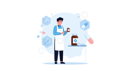 Naklejka premium Pharmacist with Medication Bottles and Pills, Healthcare and Pharmacy Concept Illustration