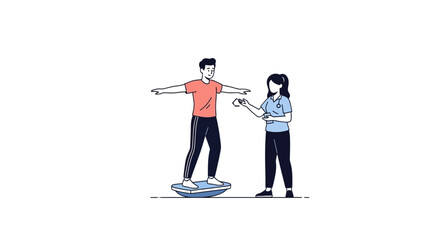 Naklejka premium Physical therapy patient balancing on a board with a therapist observing and holding a tablet