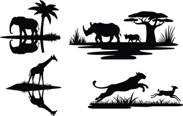 African safari animal silhouettes vector set featuring elephant giraffe rhinoceros and hunting cheetah isolated on white background © rehna