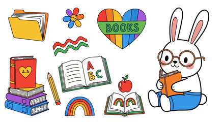 Fototapeta premium Cute cartoon rabbit reading book, educational stickers and books, learning concept, background