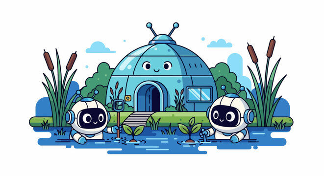 Cute robots and futuristic dome house in a marshy landscape.