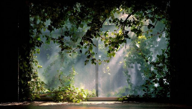 Sunlight streams through overgrown window frame