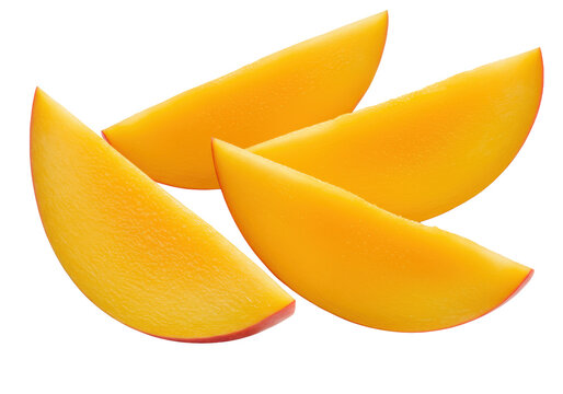 Three fresh, ripe mango slices, vibrant deep orange, juicy, hint of reddish-pink skin on one, white background, copy space, professional food photography concept