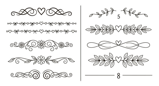Vintage floral borders and heart designs, elegant line art, decorative frames
