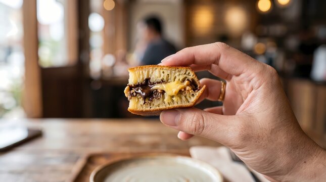A person's hand holds a delicious, freshly made sweet pancake filled with gooey chocolate and creamy filling, showcasing a delightful treat enjoyed indoors at a cozy cafe with blurred patrons