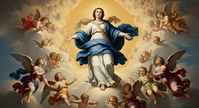 Classical Christian Religious Artwork of the Assumption of the Blessed Virgin Mary Surrounded by Angels and Heavenly Clouds