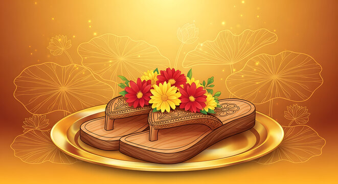 Guru purnima spiritual celebration with wooden paduka and flowers