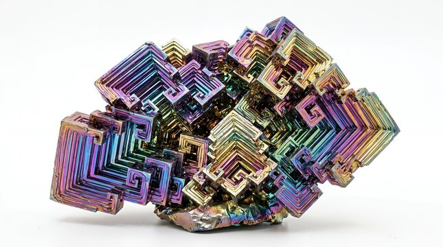 Iridescent geometric bismuth crystal specimen on white background