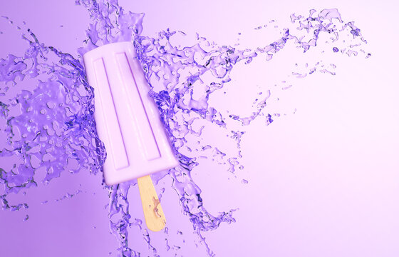 Purple popsicle with a splash of juice on purple background. 3d-rendering