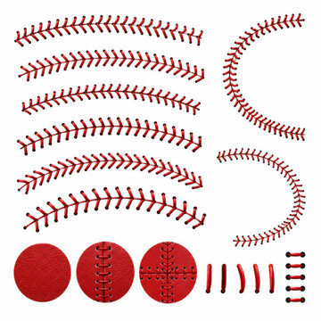 Set of red baseball stitches and leather ball textures for sports design projects