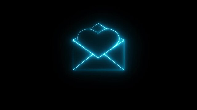 Neon glowing heart envelope animation, romantic love message symbol for valentine day and digital communication concepts, isolated on black background
