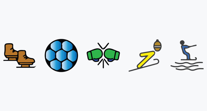 Winter sports icons including ice skating curling boxing ski jumping and surfing