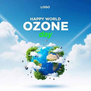 Happy world ozone day with a globe surrounded by clouds and greenery on a blue background with white clouds