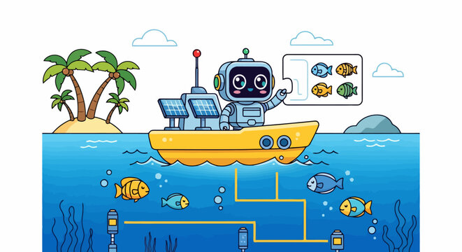 Robot boat collecting fish data underwater technology concept.