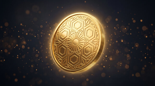 Glowing Golden Coin with Hexagonal Pattern Luxury Financial Technology Background Illustration
