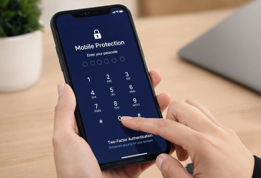 Person entering passcode on smartphone for two-factor authentication and mobile protection