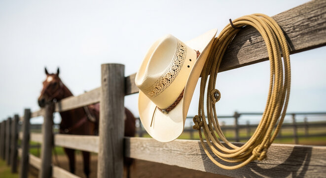 Cowboy rope lasso and hat hanging on a rustic wooden fence, western ranch culture and authentic outdoor lifestyle