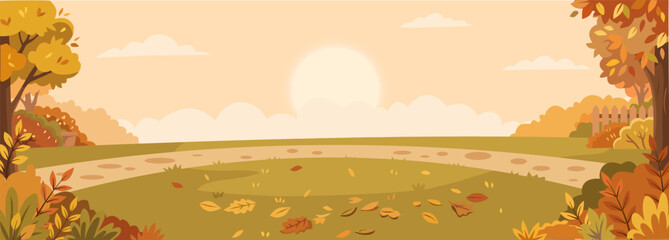 Fototapeta premium Panoramic autumn landscape vector of a park with a stone path, falling leaves, wooden fence, and warm golden sun in the sky