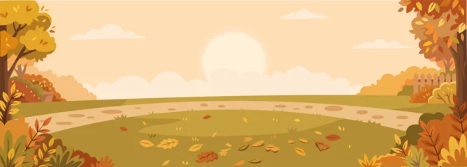 Fotobehang Beige Panoramic autumn landscape vector of a park with a stone path, falling leaves, wooden fence, and warm golden sun in the sky  © titis rahmandhanu