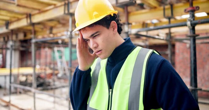 Man, architect or headache with stress on construction site for overworked pressure or injury. Frustrated, male person or civil engineer with migraine or pain for building accident, strain or mistake