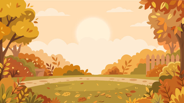 Autumn landscape vector illustration of a beautiful park with a stone path, falling leaves, wooden fence, and warm golden sun in the sky.